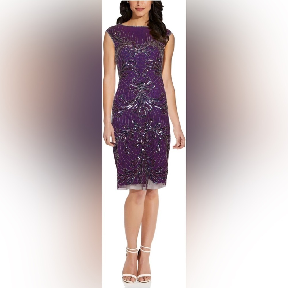 NWT Adriana Papell Purple Beaded Sequin Knee Length Dress size 2